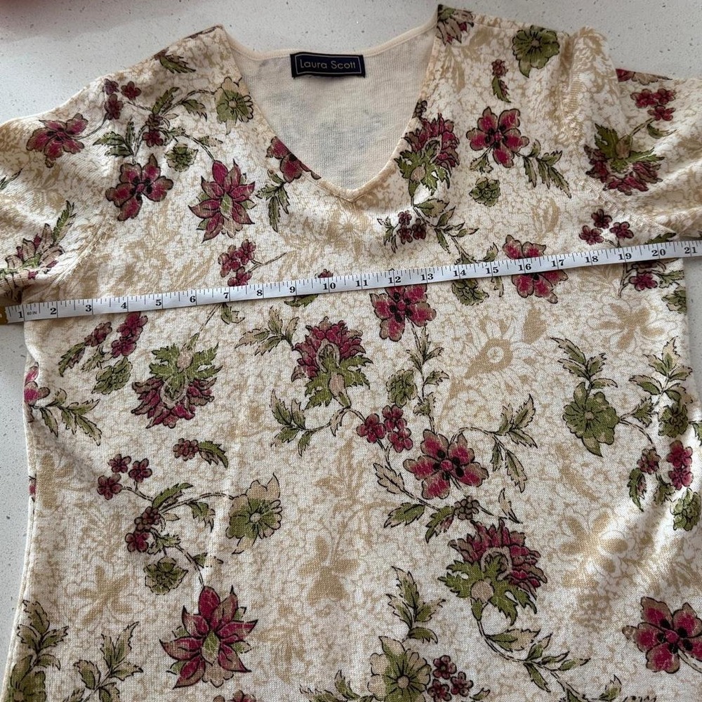 Y2K Women's Laura Scott Women's Floral Print Top Size Large Short Sleeve Beige - Picture 3 of 4